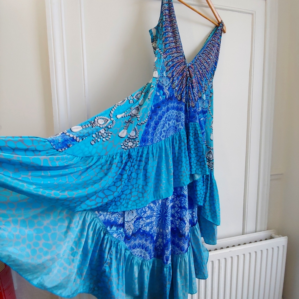 Blue Fishtail Deep-V Dress, Beachy, Sz L